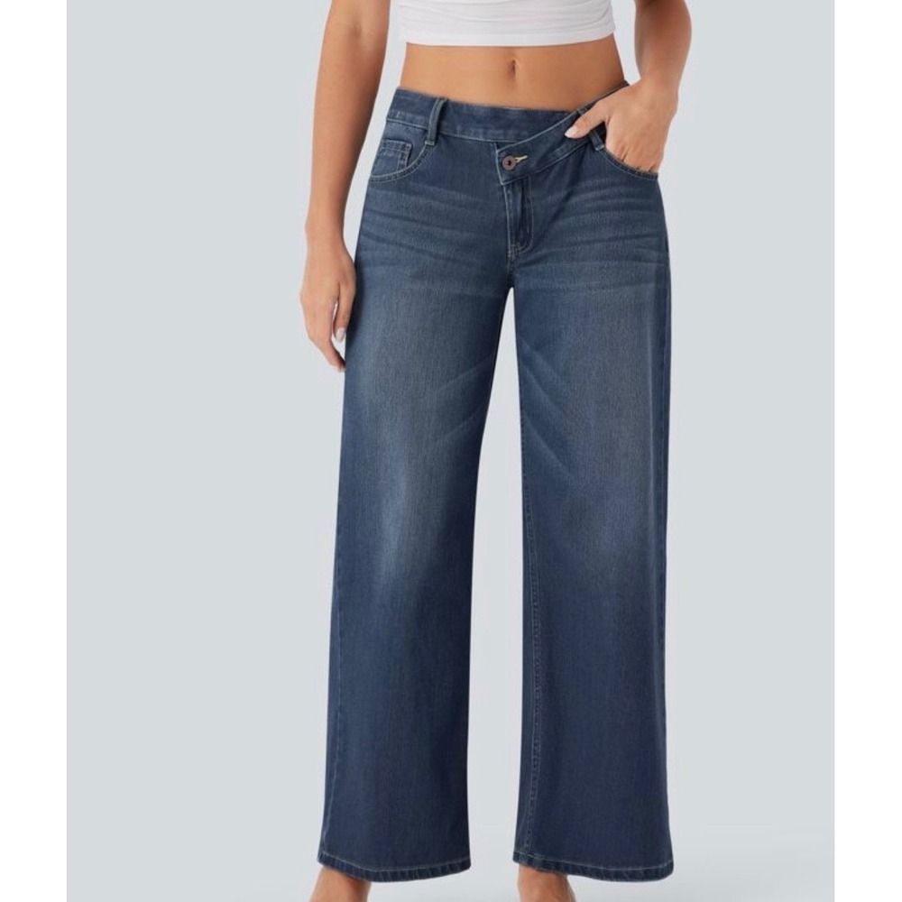 Halara Flex Asymmetric Wide Leg Jeans distinct V-shape crossover waistband M NWT